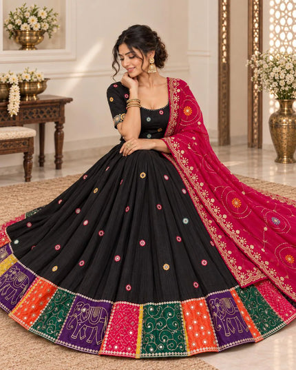 Black Cotton Lehenga Choli with Magenta Dupatta