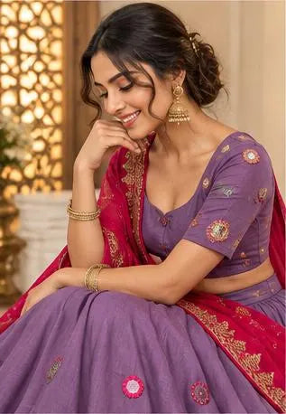 Purple Cotton Lehenga Choli with Magenta Dupatta