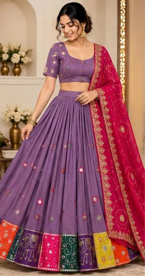 Purple Cotton Lehenga Choli with Magenta Dupatta