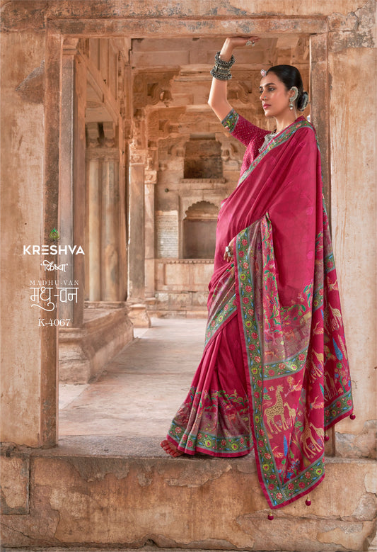 Krehsva Madhuvan P.V Silk Glory Ruby Color Finish Festival Wear Saree