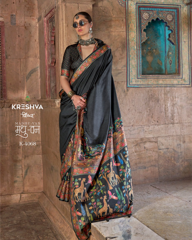 Krehsva Madhuvan P.V Silk Glory Black Color Finish Festival Wear Saree Collection 2025