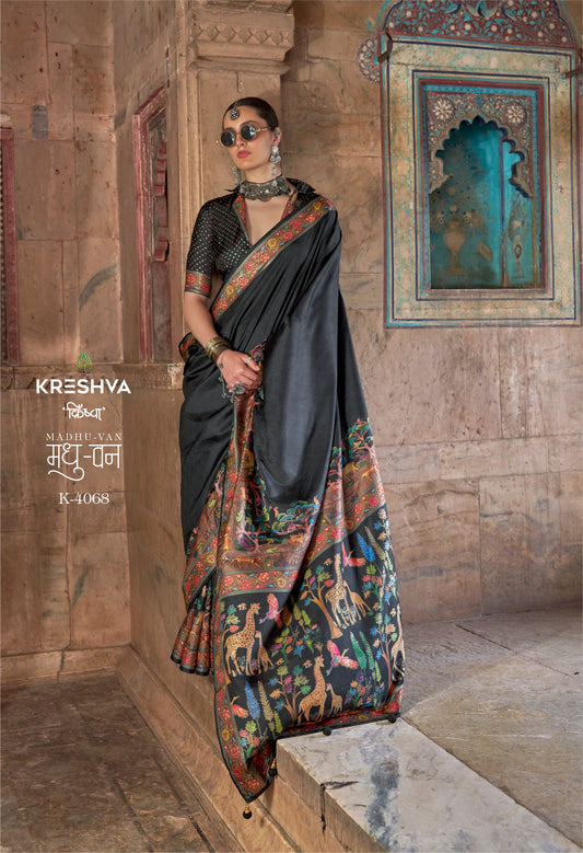Krehsva Madhuvan P.V Silk Glory Black Color Finish Festival Wear Saree Collection 2025