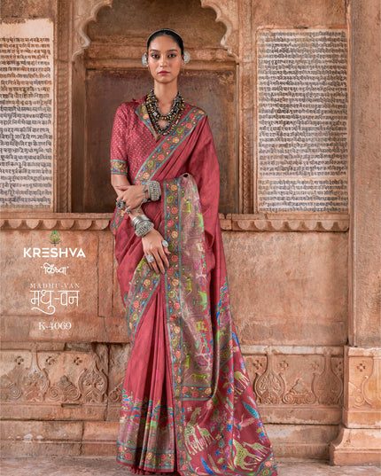 Krehsva Madhuvan P.V Silk Crimson Color Glory Finish Festival Wear Saree Collection