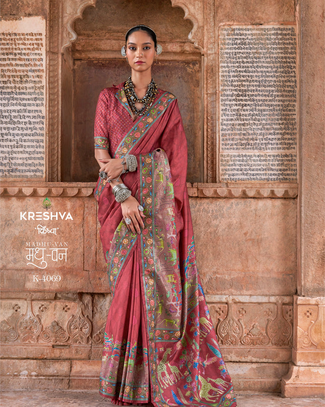 Krehsva Madhuvan P.V Silk Crimson Color Glory Finish Festival Wear Saree Collection