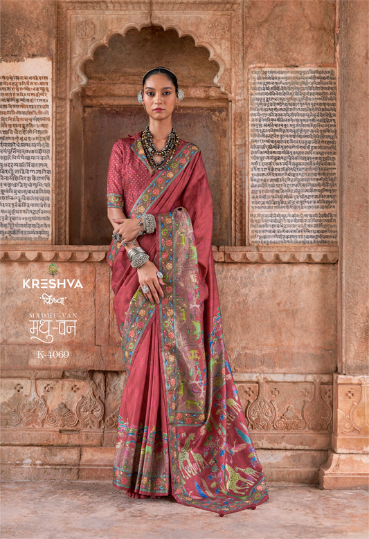 Krehsva Madhuvan P.V Silk Crimson Color Glory Finish Festival Wear Saree Collection