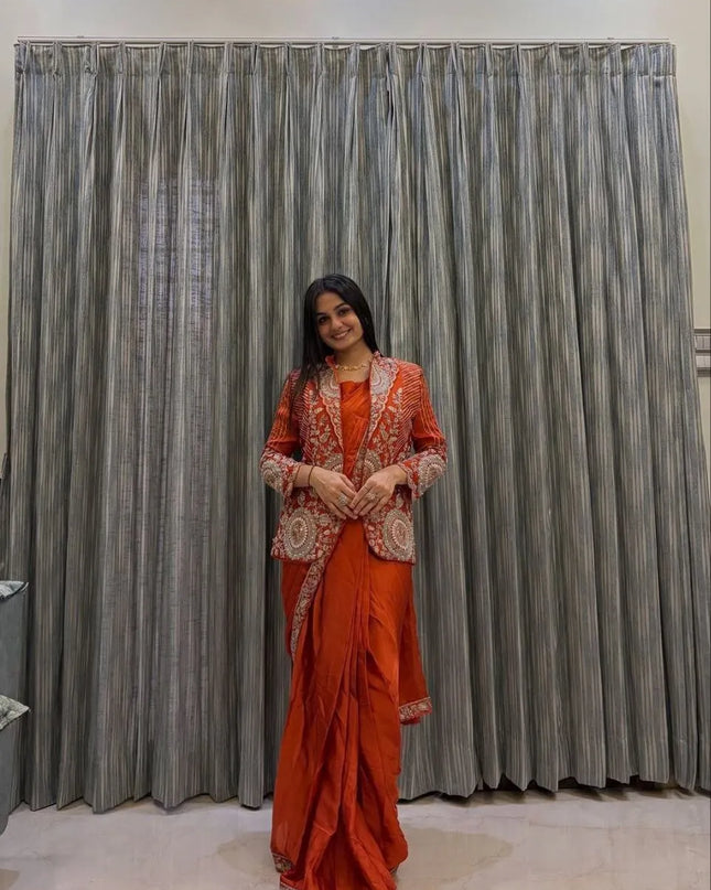 Madhuri 220 Orange Heavy Rangoli Ready To Wear Saree