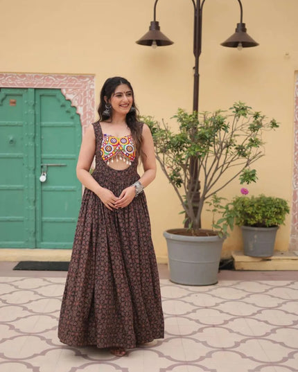 Mohini 9201 Coffee Color Cotton with Kutchi Work Navratri Gown 2024