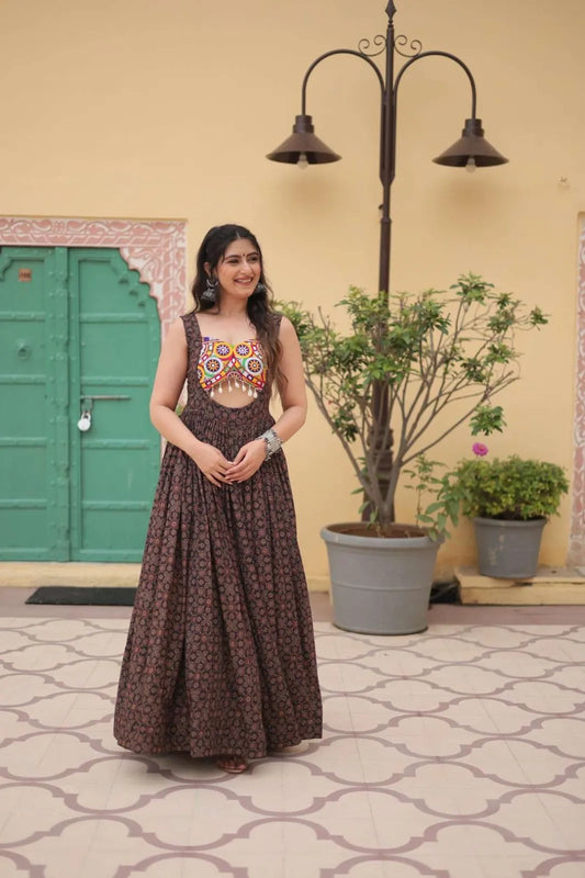 Mohini 9201 Coffee Color Cotton with Kutchi Work Navratri Gown 2024