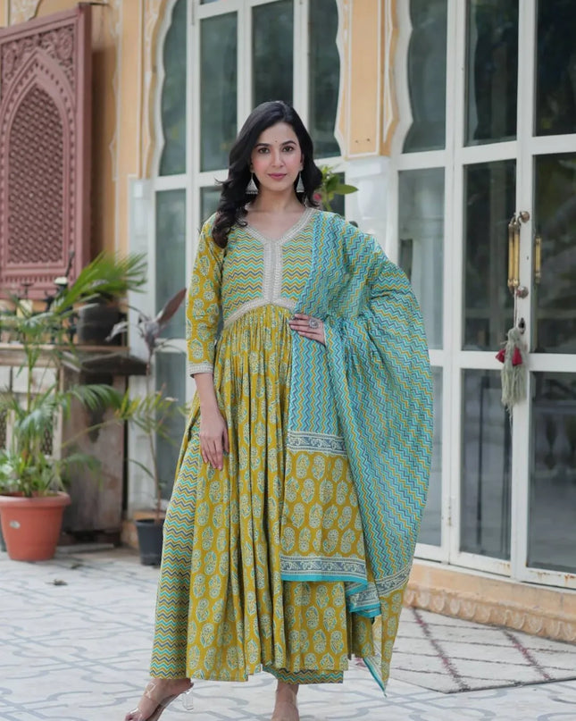 Moni 1156 Pure Cotton Anarkali Flair Cut Kurta Pant Dupatta Set