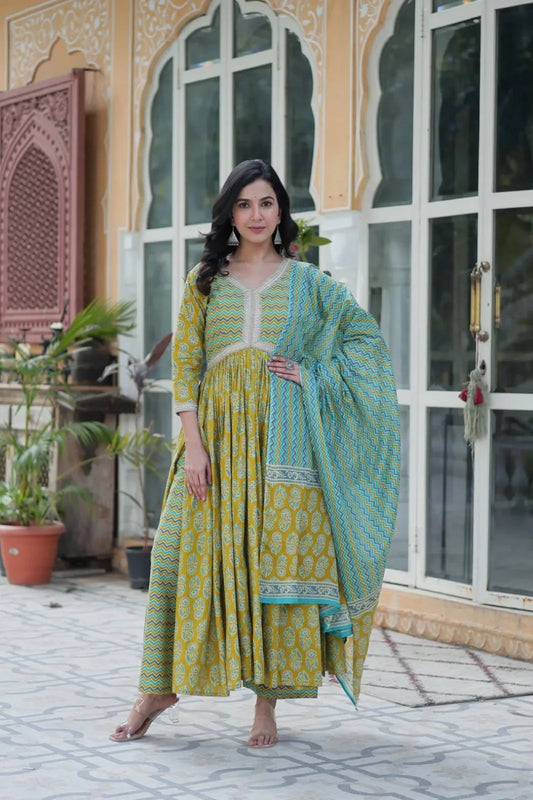 Moni 1156 Pure Cotton Anarkali Flair Cut Kurta Pant Dupatta Set