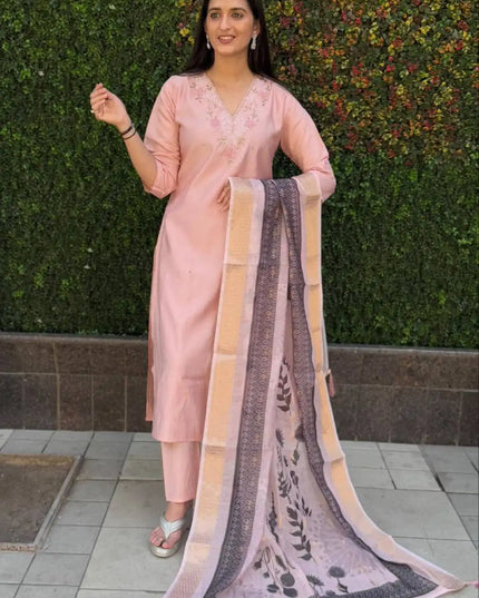 KR 363 Roman Silk Peach Readymade 3Pcs Set With Hand Work