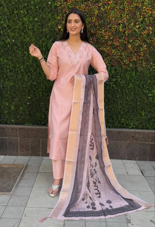 KR 363 Roman Silk Peach Readymade 3Pcs Set With Hand Work