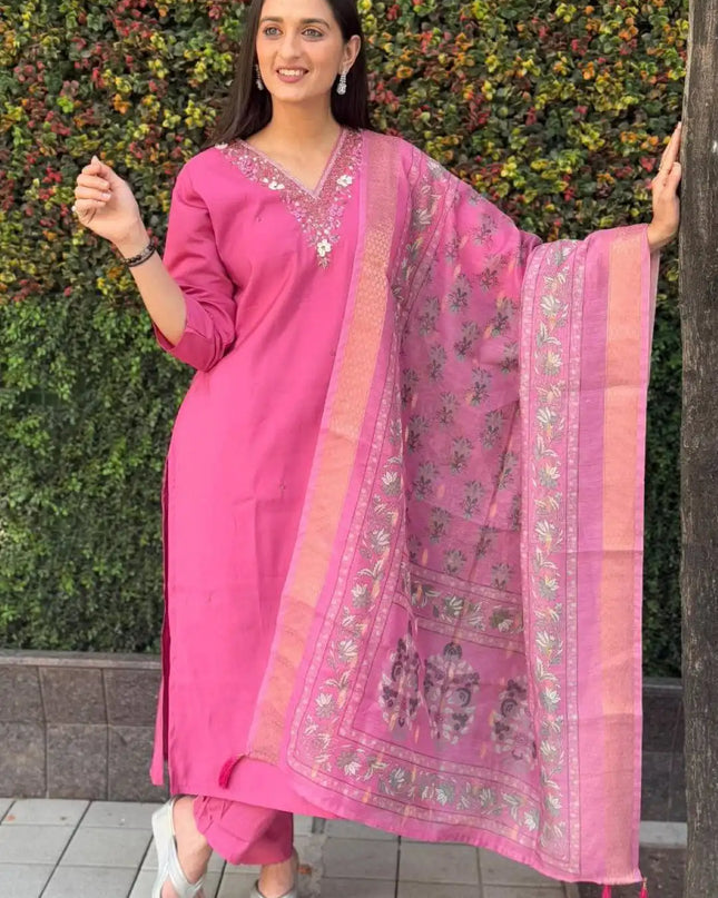 KR 366 Pink Roman Silk Kurti Pant With Dupatta