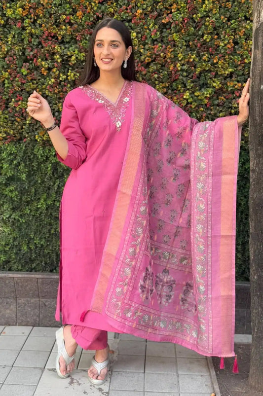 KR 366 Pink Roman Silk Kurti Pant With Dupatta