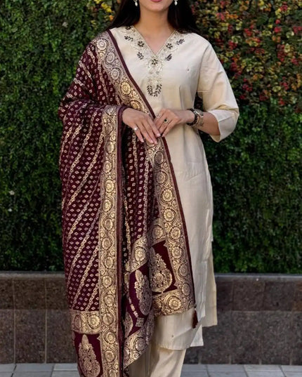 KR 361 Roman Silk Cream Readymade Kurti Pant Dupatta