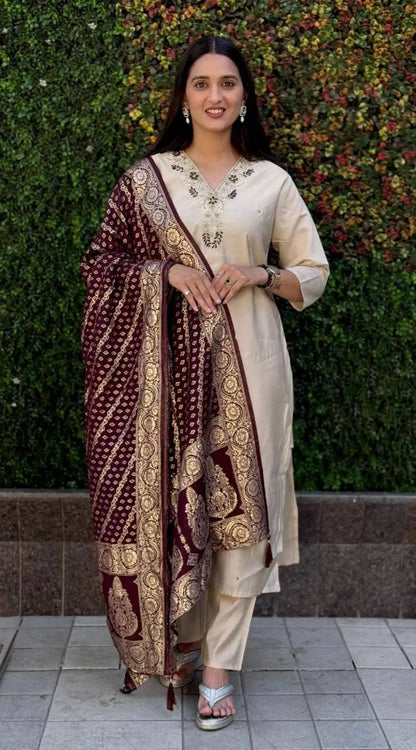 KR 361 Roman Silk Cream Readymade Kurti Pant Dupatta