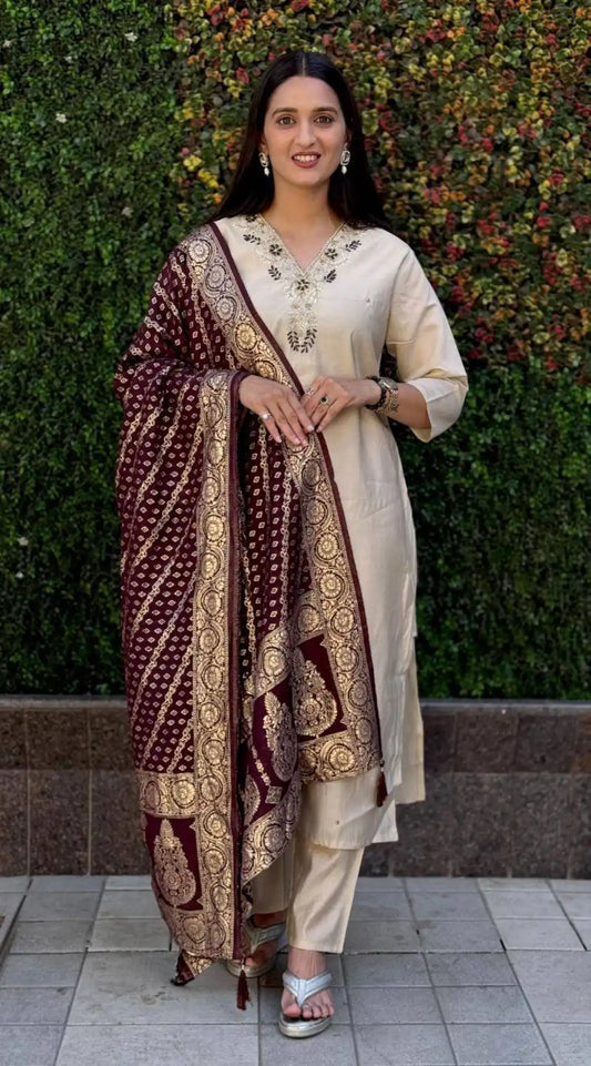KR 361 Roman Silk Cream Readymade Kurti Pant Dupatta