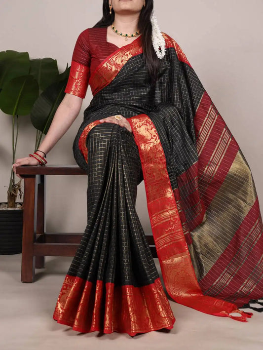 WMN 7405 Poly Cotton Sari Collection With Zari Weaving Work Black
