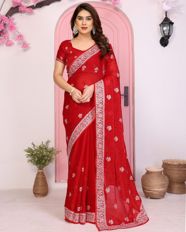 Kiara Hammers 2 Party Wear Red Soft Fendi Chiffon Silk Saree