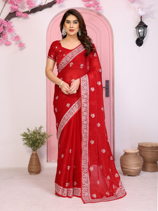 Kiara Hammers 2 Party Wear Red Soft Fendi Chiffon Silk Saree
