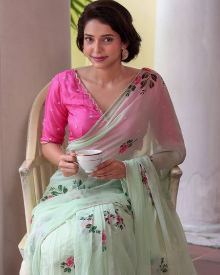 WMS Soft Taby Organza Silk Saree With Digital Print hand Work Moti