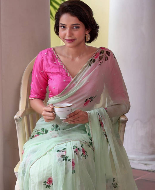 WMS Soft Taby Organza Silk Saree With Digital Print hand Work Moti