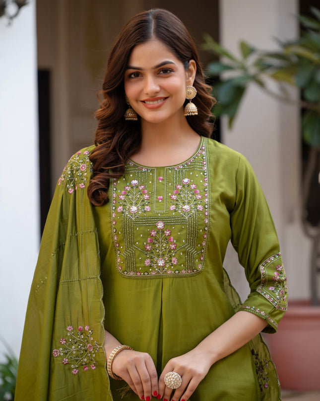 Lila 144 Olive Green Viscose Silk Designer Readymade Suit
