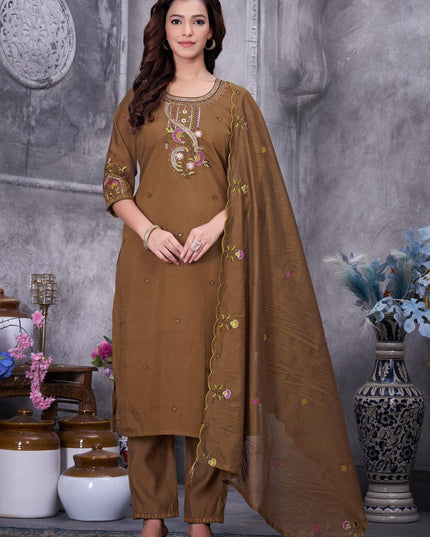 Lila 138 Brown Roman Silk Readymade Suit Collection