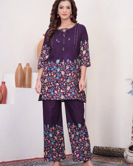 Lila 137 Purple Cotton Kantha Work Co Ord Set Collection