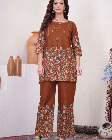 Lila 137 Brown Cotton Kantha Work Co Ord Set 2026