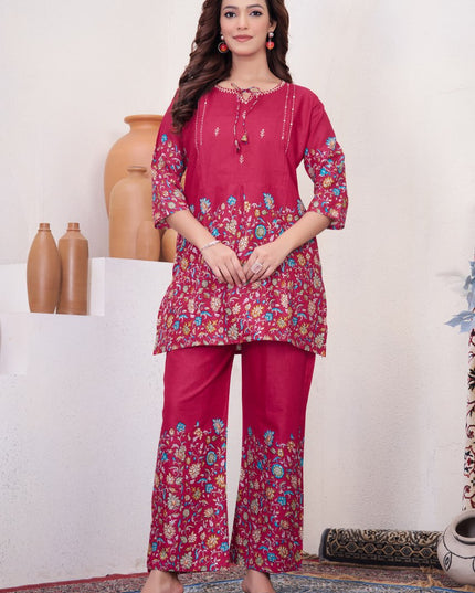 Lila 137 Pink Cotton Kantha Work Designer Co Ord Set