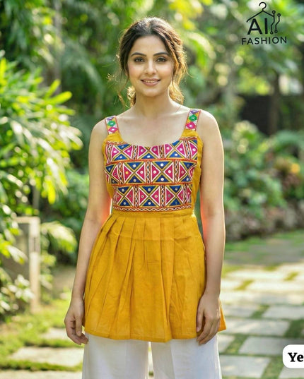 SS2016 Vol 01 Yellow Rayon Gamthi Embroidery Short Top 2026