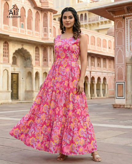 SS2016 Vol 03 Pink Cotton Floral Printed Long Frock Gown