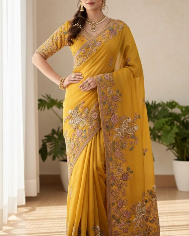 Kiara Animal Moss Chiffon Embroidery Haldi Function Saree