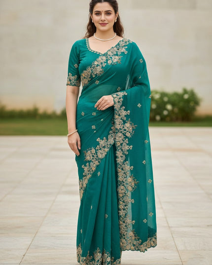 Kiara Rajkumari Sky Blue Fendy Chiffon Party Wear Saree