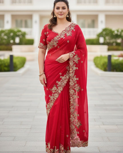 Kiara Rajkumari Red Fendy Chiffon Party Wear Saree Collection