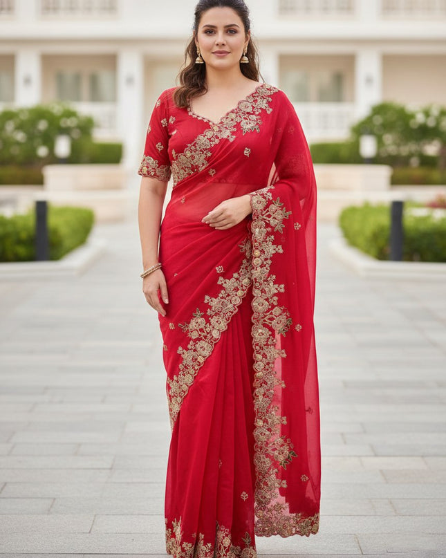 Kiara Rajkumari Red Fendy Chiffon Party Wear Saree Collection
