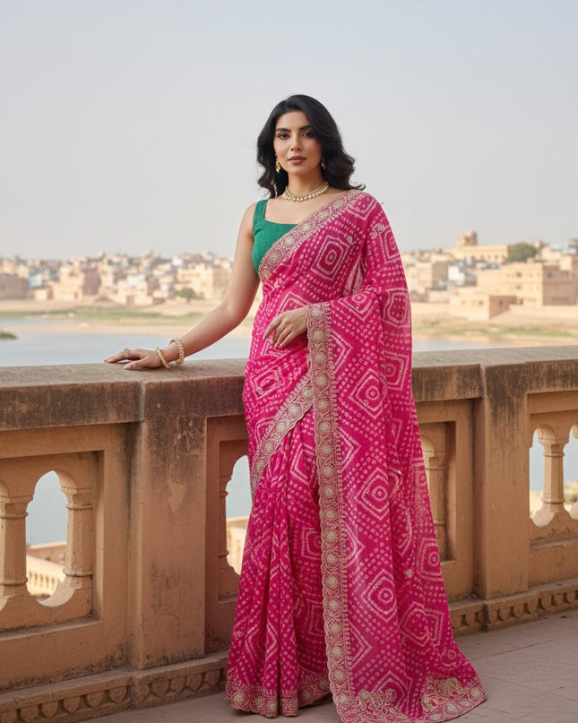 Kiara Priyal Pink Georgette Bandhej Printed Embroidery Saree