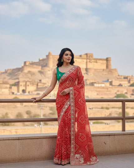 Kiara Priyal Red Georgette Bandhej Printed Embroidery Saree 2026