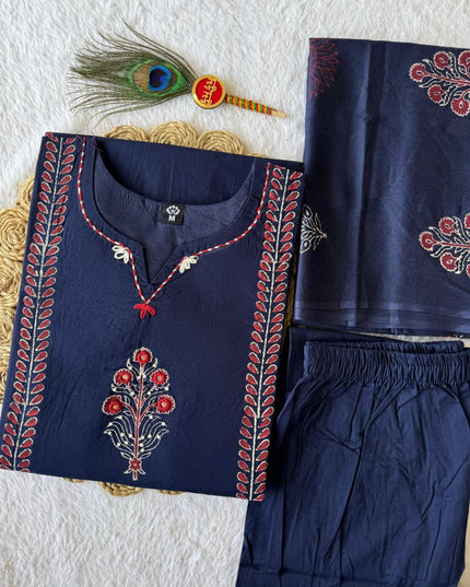 KR 398 Navy Blue Cotton Block Printed Readymade Dress