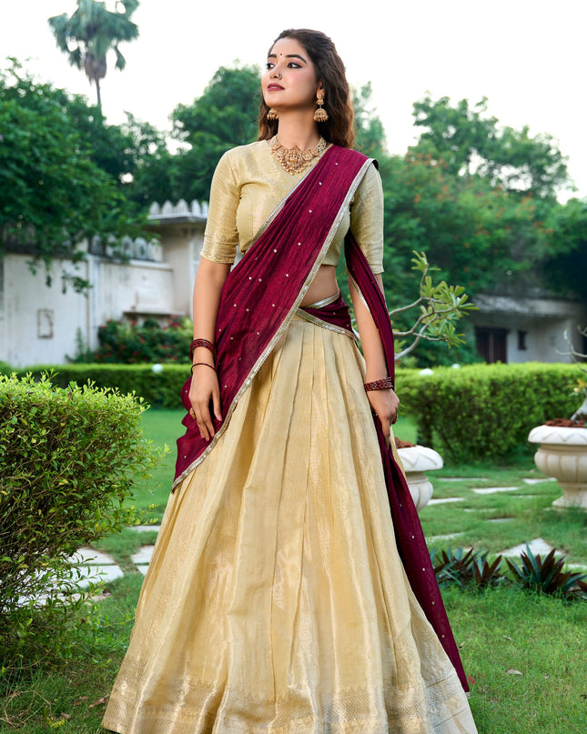 WMN 2003 Cream Kanchipuram Silk South Style Lehenga Blouse