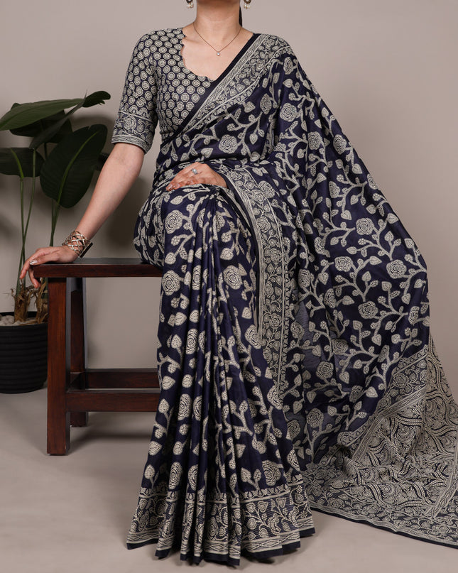 WMN 8004 Navy Blue Cotton Silk Flower Printed Saree