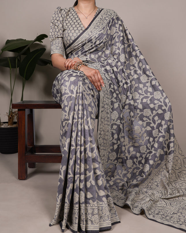 WMN 8004 Grey Cotton Silk Flower Printed Saree