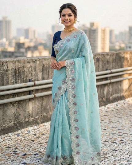Kusum 812 Sky Blue Gold Crush Thread Work Saree 2026