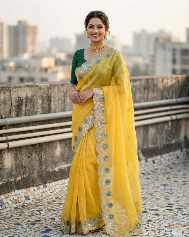 Kusum 812 Yellow Gold Crush Thread Work Festival Saree