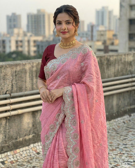 Kusum 812 Pink Gold Crush Thread Work Party Wear Saree
