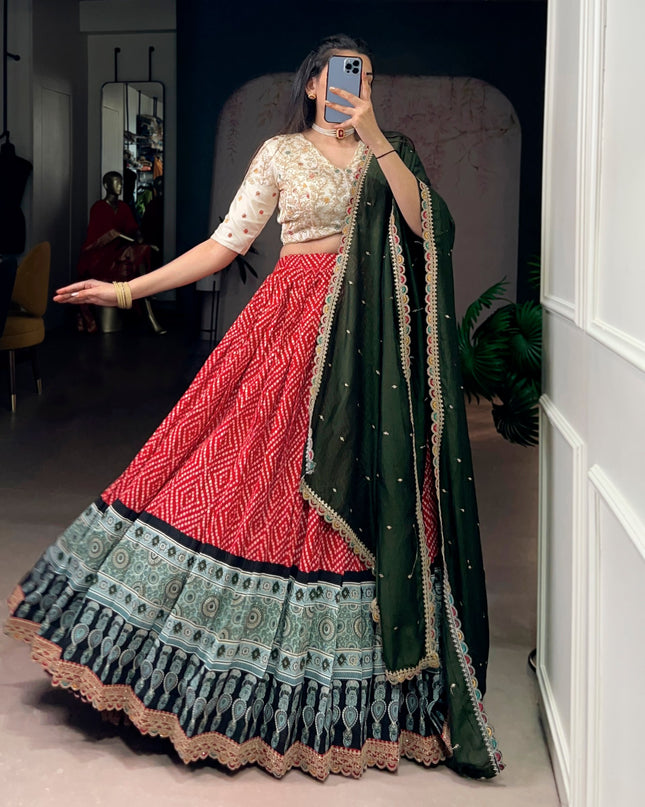 WMN 1416 Red Rayon Bandhej Ajrakh Printed Lehenga Choli