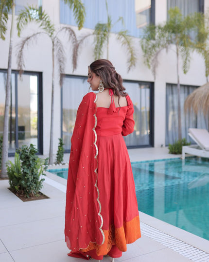 Moni 1237 Red Mul Chanderi Mirror Lace Work Readymade Dress