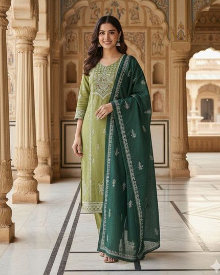 KR 397 Pista Green Cotton Hand Block Printed Readymade Dress