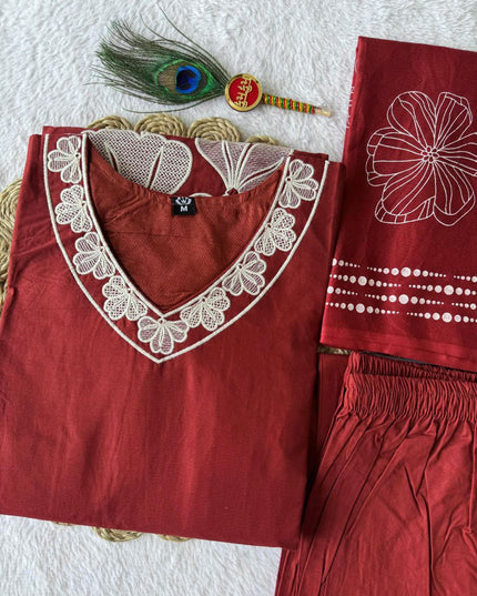 KR 404 Falu Red Cotton Embroidery Readymade Dress